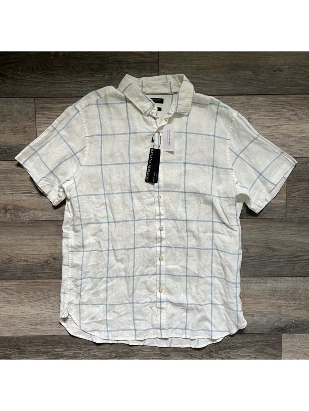 Banana Republic Men's L Short Sleeve Shirt 100% Linen Plaid Camden Fit NEW NWT